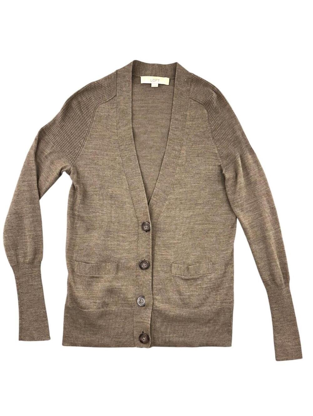 LOFT Button Down Cardigan Sweater Taupe Brown Tan Preppy Minimal - Picture 2 of 8